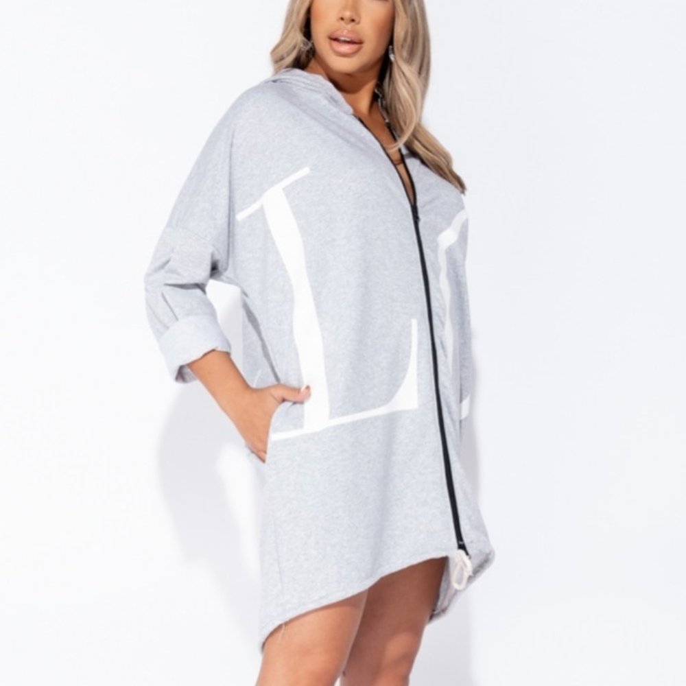 Grey Love Logo Zip Front Oversized Hoodie Dress - Picture 5 of 12